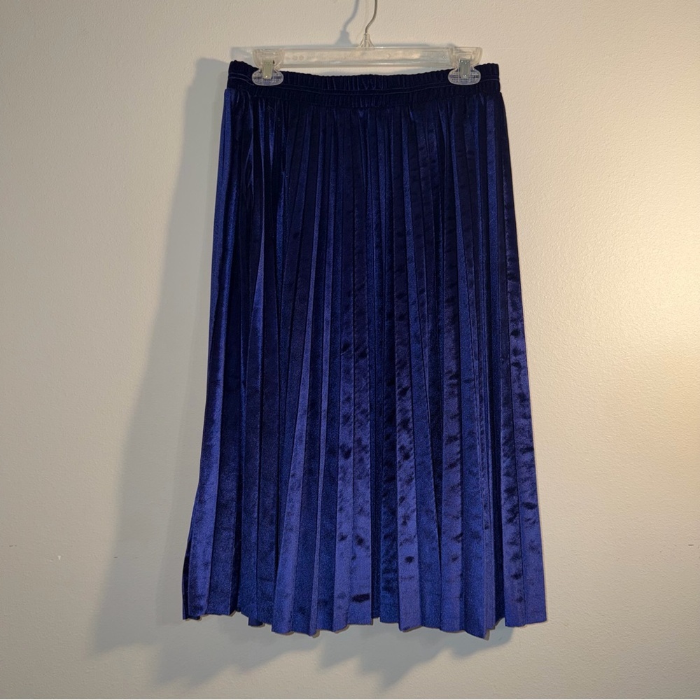 Blue Royal Crushed Velvet‎ Pleated Midi Skirt Winter Luxe Indie Romantic Medium